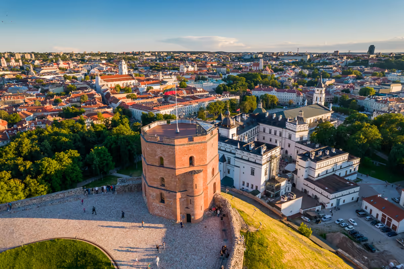 Aerial view of Gediminas castle and it&#39;s old town during sunny summer day.