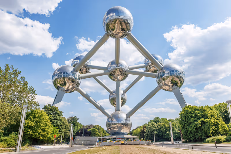 Brussels, Belgium - June, 15, 2023: The Atomium of Brussels, a modernist building that represents a silver atom model. Originally constructed as the centrepiece of the 1958 Brussels World's Fair