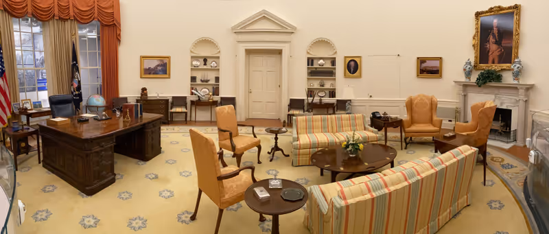 Grand Rapids, Michigan -May 1, 2023: Gerald R. Ford Presidential Museum. At Work in the Oval Office: A recreation of White House Oval Office during Ford's years as President of the United States.