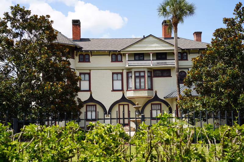 DeLand, Florida USA - July 22, 2023: The John B. Stetson Mansion, built for hat manufacturer John B. Stetson, is a historic home in DeLand, Florida.
