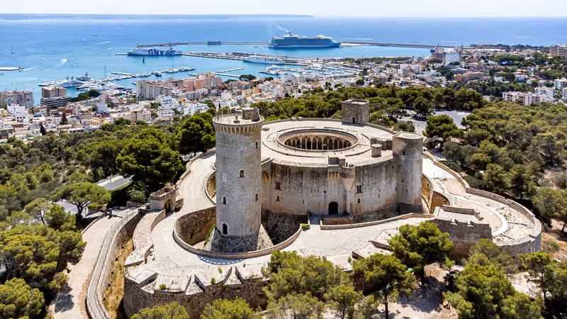 Aerial view of the Castell de Bellver (Bellver Castle), a gothic-style castle built in the 14th century on a hill overlooking Palma on the Balearic island of Majorca (Spain) in the Mediterranean Sea