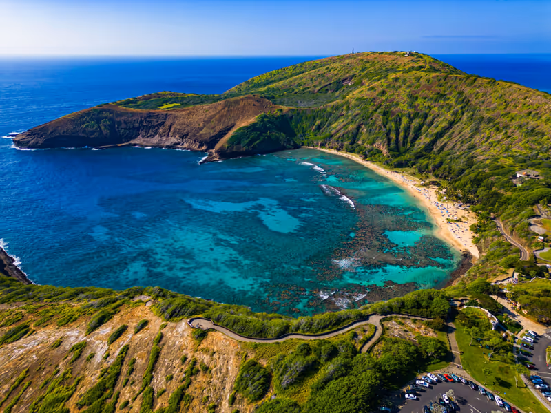 An aerial view of Hanauma Bay on the island of O'ahu in Hawaii