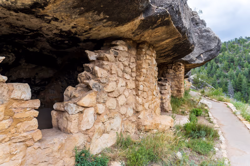 Walnut Canyon National Monument near Flagstaff, Arizona. Canyon protects cliff dwellings of Sinagua people. Island Trail provides access to cliff dwellings