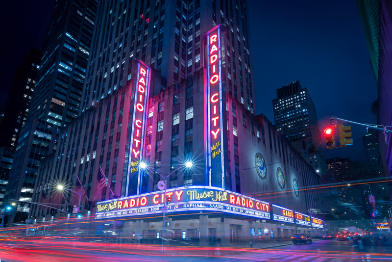 09.19.23. New York city, USA. illuminated Radio city music hall in Midtown of NYC near by Rockefeller center. Famous theater in Manhattan.