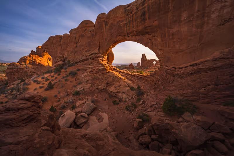 turret arch through north window arch in arches national park in utah, usa