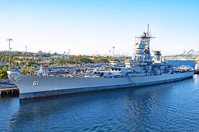 Los Angeles, California - October 21 2023: the Battleship, USS Iowa is moored in the Port of Los Angeles.