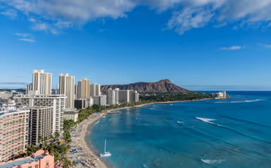 Scenic aerial panoramic Waikiki Beach vista, Honolulu, Hawaii