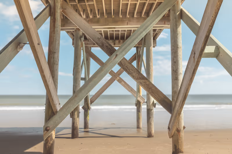The stands of the wooden pier on Edisto Island, South Carolina