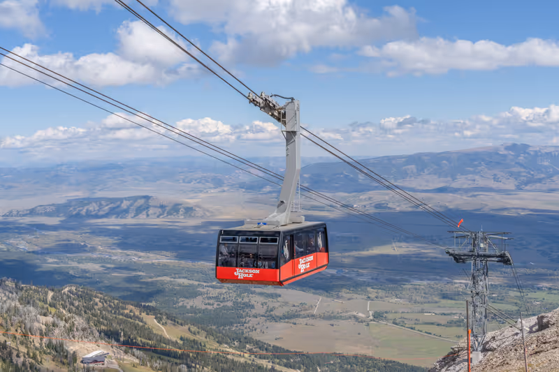 September 13, 2023: Jackson, Wyoming: The Jackson Hole Ski Resort gondola aerial tram takes visitors up the mountain for sightseeing, scenic views, and hiking