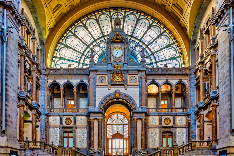 Antwerp, Belgium - 10 16 2018: Entrance hall of the Antwerpen-Centraal railway station