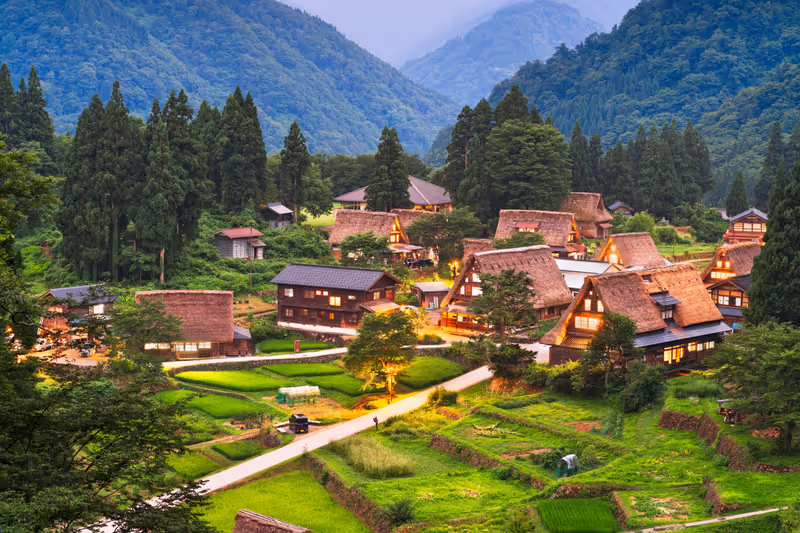 Ainokura, Toyama, Japan in the remote Gokayama Region at dusk.