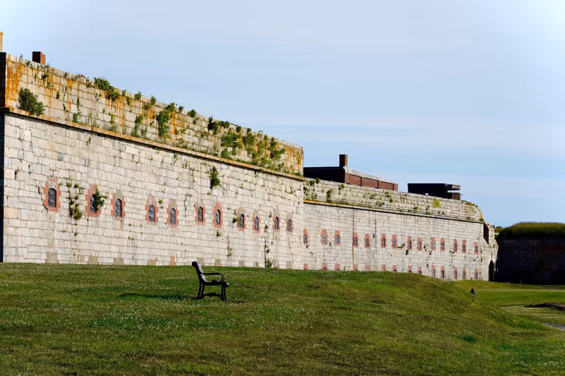 Newport, RI, USA - June 21, 2023: Fort Adams State Park located at the harbor mouth in Newport is one of the seaside resort town's iconic locations and the site of the Newport Jazz Festival.