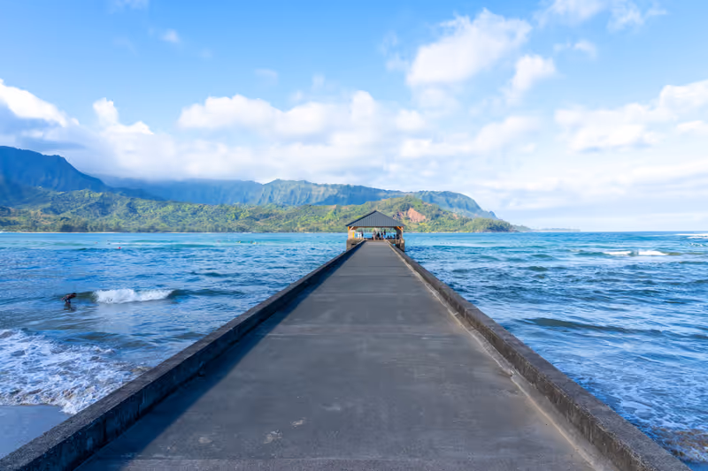 Kauai, Hawai, USA - January 28, 2024: Hanalei Pier in Kauai, Hawai, USA. Hanalei Pier is a pier built into Hanalei Bay on the northern shore of the island of Kauai.