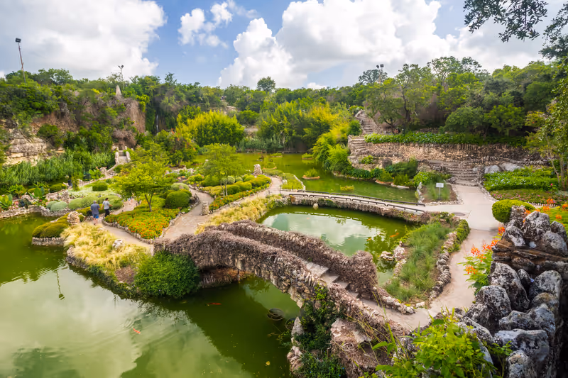 San Antonio, Texas, USA - June 23rd, 2021: Japanese Tea Garden (also known as Chinese Tea Garden or Sunken Gardens in Brackenridge Park), view from above