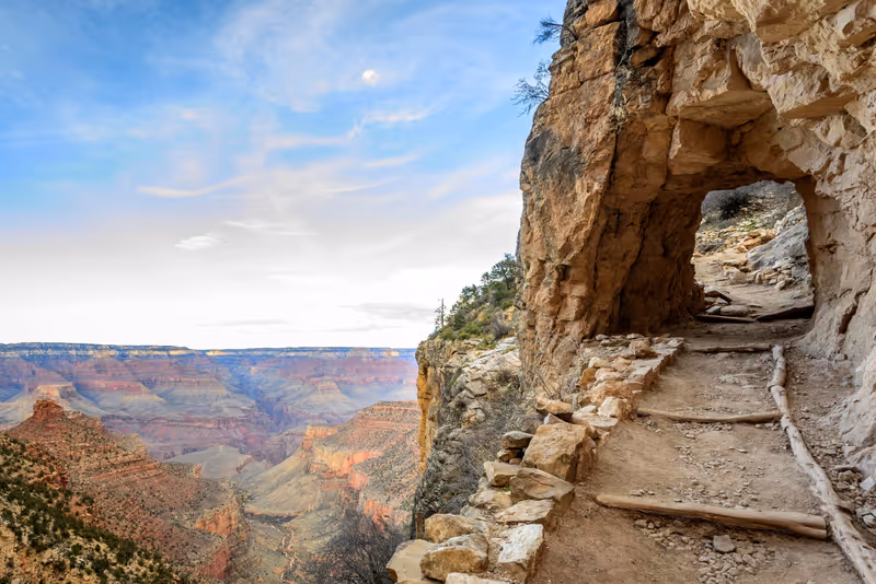 Tunnel through the rock along the Bright Angel Trail, eroded rock landscape, South Rim, Grand Canyon National Park, Arizona, USA