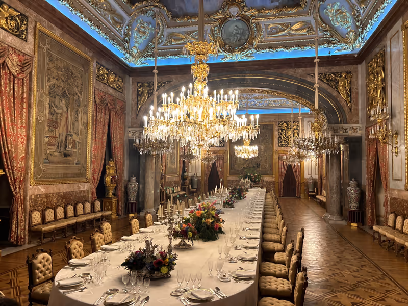 Large dining table in the main formal banqueting hall of the Royal Palace. Madrid, Spain. March 31st 2024