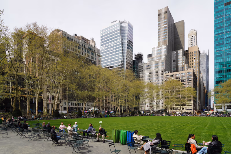 New York, NY, USA - April 17, 2024: Bryant Park is a 9.6-acre public park located in the New York City borough of Manhattan.