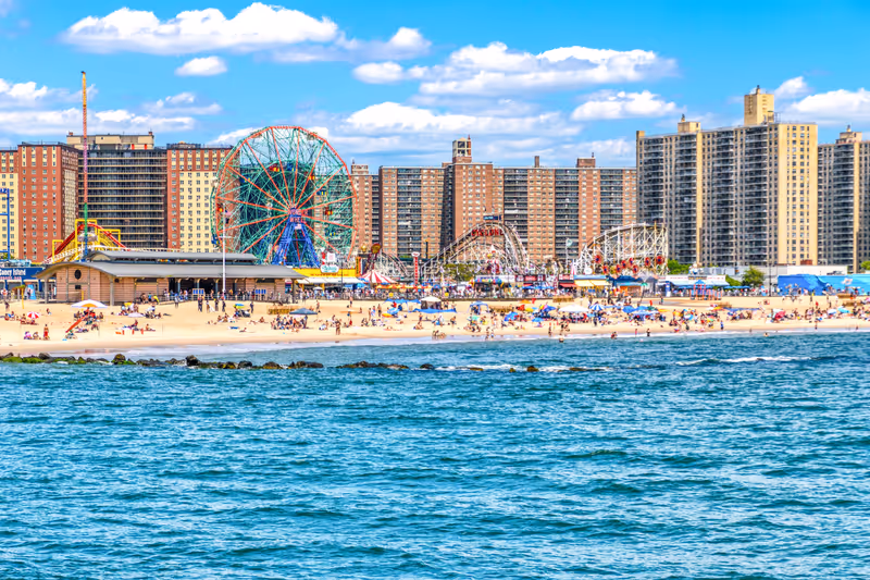 New York City, United States - May-28-2024, Coney Island Beach and Wonder Wheel