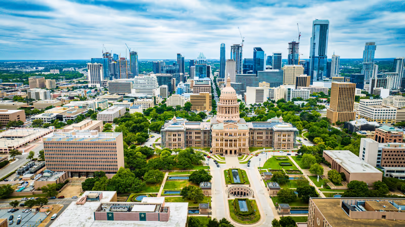 A Bird's eye view of Texas Capitol building in Austin, TX.