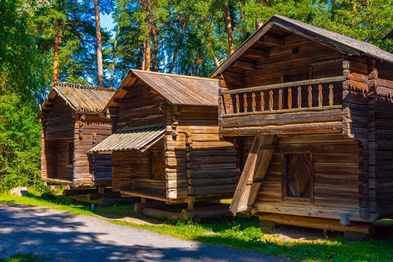 Wooden buildings at Seurasaari Open-Air Museum in Helsinki, Finland.