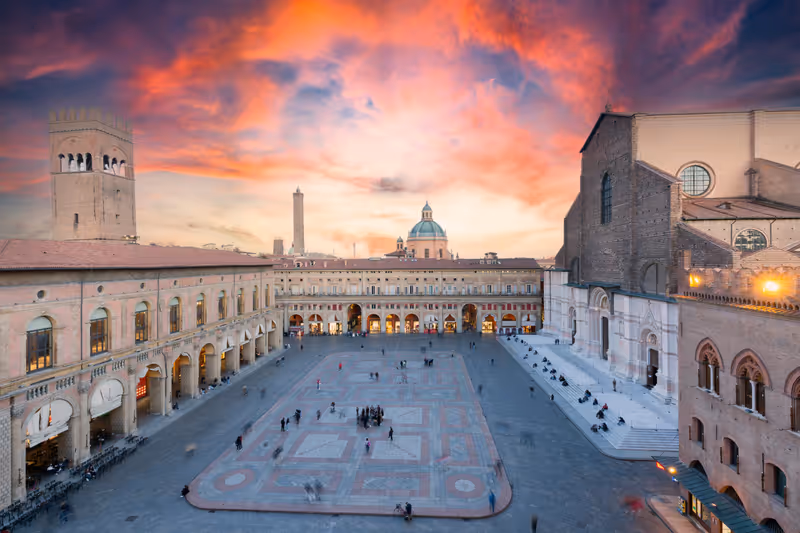 Bologna. Medieval city in Emilia Romagna in Italy Europe. Art and culture. Tourists from all over the world for Piazza Maggiore, Via Indipendenza, the leaning towers and the oldest university
