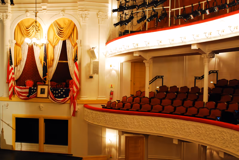 Washington DC, USA April 7, 2009 American flags and bunting frame the viewing theater box where Abraham Lincoln was assassinated in Fords Theater in Washington DC