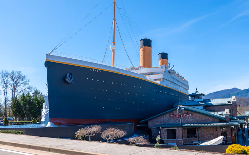 PIGEON FORGE, TN - 12 MAR 2024: Titanic museum tourist attraction is shaped like the famous ship and features recovered artifacts.