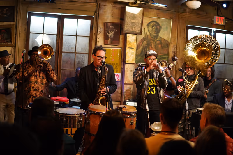 New Orleans, Louisiana - April 30, 2023: The legendary Preservation Hall Jazz Band performs during the Midnight Preserves concert series at Preservation Hall.