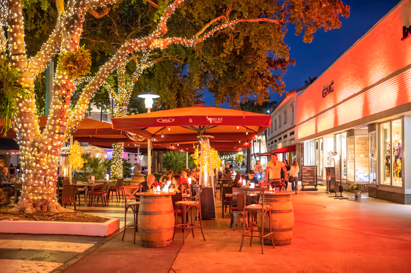 Miami Beach, USA - January 20, 2021: People dining at steak steakhouse restaurant on Lincoln road street at night in South Beach Miami, Florida