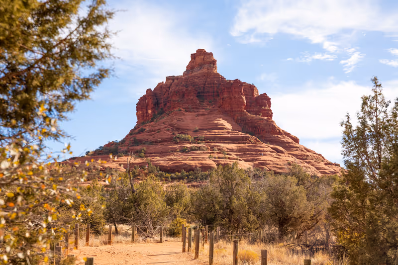 Trail Bell Rock Pathway in Coconino National Forest, Arizona. Rocky and Rough Hill, Mountain. Travel Destination. Sedona, USA Horizontal Plane Sunny Red Mountains with Trees and Sandy Path. Nobody.