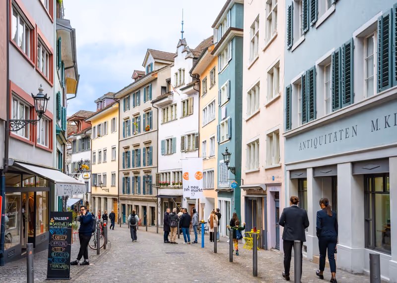 Zurich, Switzerland - October 3, 2024: Street scene from historic downtown old town Zurich Switzerland with architecture and people in view.