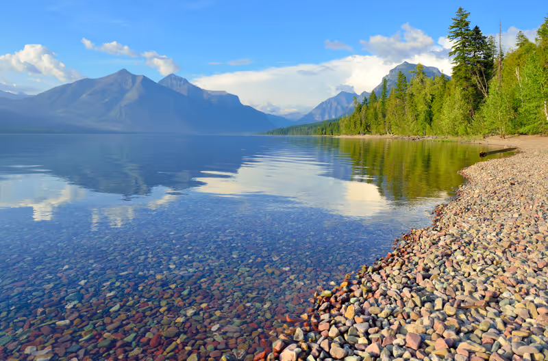 Mountains and McDonald lake in Glacier National Park, Montana in summer