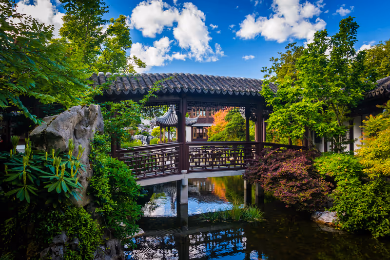 Bridge over a pond at the Lan Su Chinese Garden in Portland, Oregon.