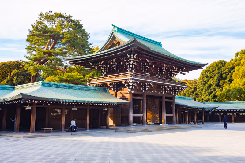 Tokyo, Japan - February 16, 2015: Meiji Shrine located in Shibuya, Tokyo, is the Shinto shrine that is dedicated to the deified spirits of Emperor Meiji and his wife, Empress Shoken.