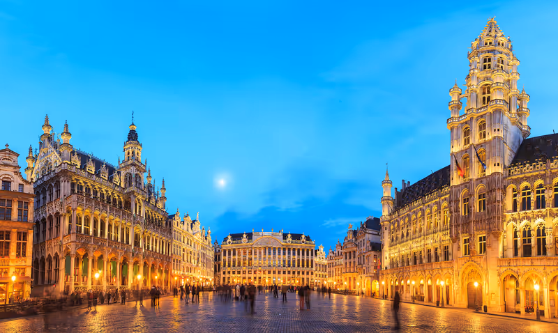 night scene of the Grand Place, the focal point of Brussels, Belgium.