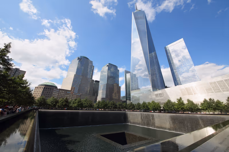 NEW YORK, USA - SEP 07, 2014: Memorial Complex to the victims of September 11, 2001 on the spot where stood the twin towers