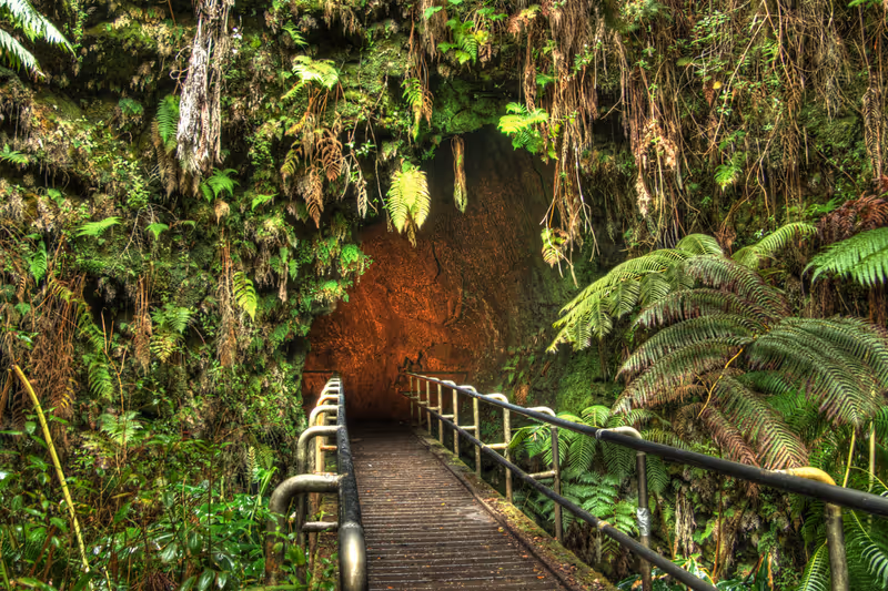 Entrance of the Turston Lava Tube in Hawaii Volcano National Park. HDR image created by combining three exposures.