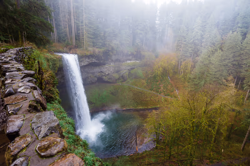 South Falls as seen from the South Loop Trail, part of the Trail of Ten Falls at Silver Falls State Park in Oregon.