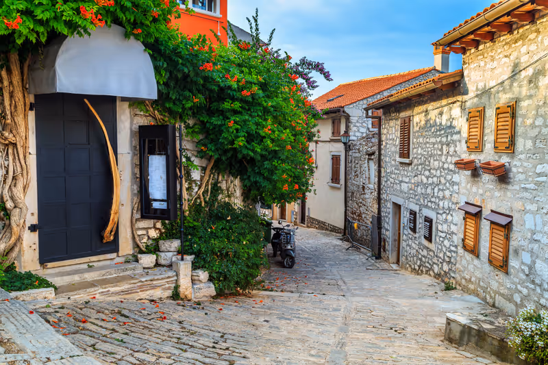 Spectacular stone paved street and restaurant entrance with colorful mediterranean flowers, Rovinj old town,Istria region,Croatia,Europe