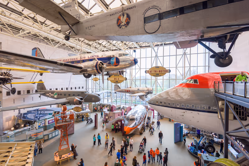 WASHINGTON DC - APRIL 8, 2015: Visitors enjoy The National Air and Space Museum of the Smithsonian Institution in Washington DC.