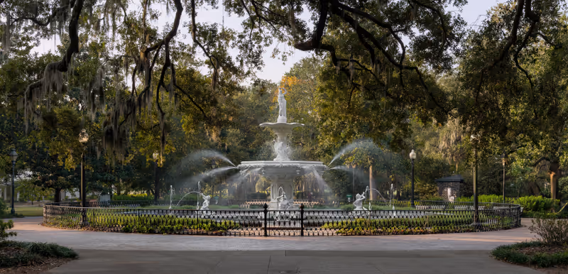 SAVANNAH, GEORGIA - NOVEMBER 15: Fountain in Forsyth Park on November 15, 2016 in Savannah, Georgia