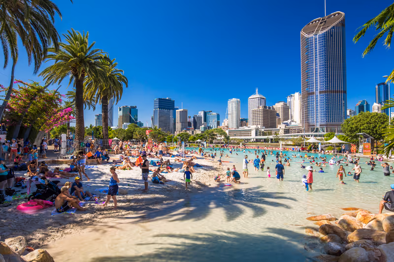 BRISBANE, AUS - DEC 29 2016: Streets Beach in South Bank Parkland. It's inner-city man-made beach next to city center.