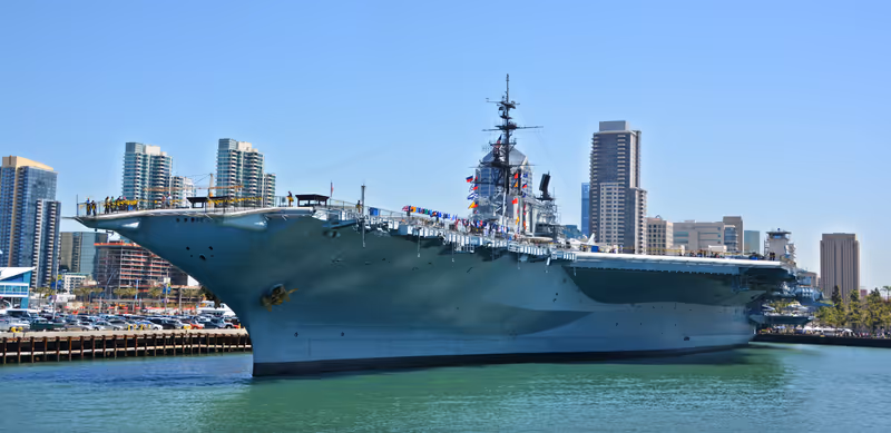 SAN DIEGO, CALIFORNIA USA 04 8 2015: USS Midway was an aircraft carrier of the United States Navy, the lead ship of its class. Commissioned a week after the end of World War II it is now a museum ship