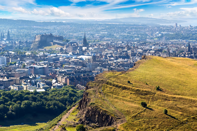 Cityscape of Edinburgh from Arthur's Seat in a beautiful summer day, Scotland, United Kingdom