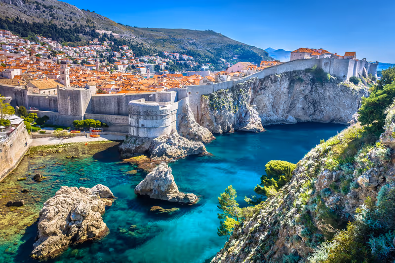 Aerial view at famous european travel destination in Croatia, Dubrovnik old town. / Selective focus.