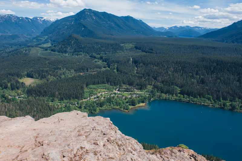 UNITED STATES, NORTH BEND - MAY 22, 2017: Rattlesnake ledge is a trail through the forest with views of the Cedar River watershed, Mount Si, Mount Washington, Rattlesnake Lake and Chester Morse Lake.