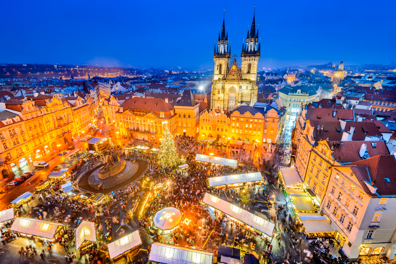 Prague, Czech Republic. Christmas Market in Stare Mesto old square, Tyn Church, Bohemia.