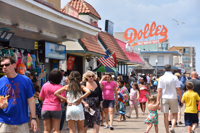 REHOBOTH BEACH, DELAWARE - JUL 1: Boardwalk at Rehoboth Beach in Delaware, as seen on July 1, 2017. It is a popular regional vacation destination.