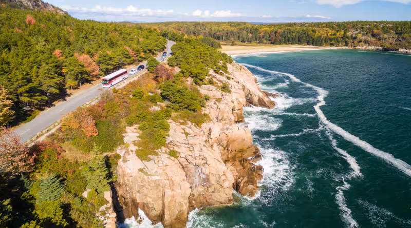 Panoramic aerial view of Acadia National Park in foliage season, Maine.