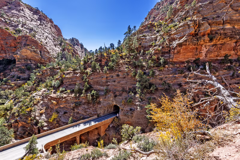 Looking down on the east side of the Mount Carmel Tunnel, in Zion National Park.